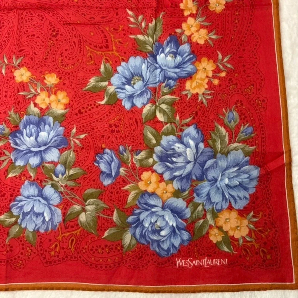 Vtg YVES SAINT LAURENT Scarf Handkerchief Floral Paisley Red Blue Yellow 18.5
